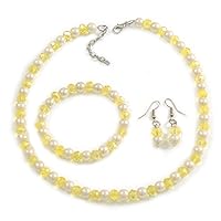 Avalaya 8mm/Lemon Yellow Glass Bead and White Faux Pearl Necklace/Flex Bracelet/Drop Earrings Set - 43cmL/4cm Ext