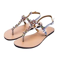 Women`S Summer Flat Beach Sandals Lady Shoes Flip Flop Slippers Boho Casual T-Strap Plus Size Silver 12