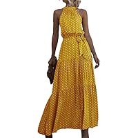 Women Summer Boho Beach Dress Vintage Sleeveless Print Flowers Polka-Dot Strap Party Dresses