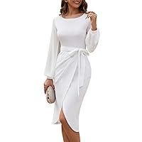 HELYO Women's Elegant V-Back Chiffon Long Sleeve Sheath Dresses Belted Ruched Casual Work Cocktail Party Midi Dress