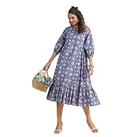 Janasya Blue Cotton Floral Fit and Flare Dress