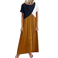 Womens Plus Size Linen Maxi Dress Casual Swing Patchwork Pleated Crewneck Short Sleeve Loose Sundress