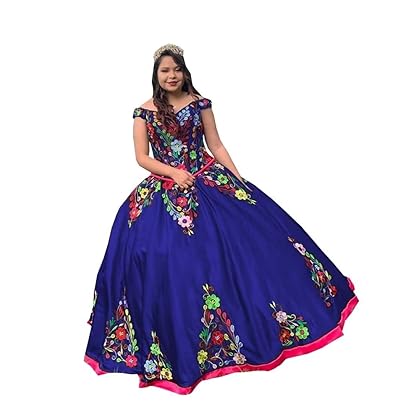 V Neck Off The Shoulder Quinceanera Dresses Royal Blue Sweet 16 Prom Graduation Cocktail Dress Teens Ruched Satin Young Women Girls Formal Embroidered 18W