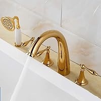 Shower System 5-Hole Roman Tub, Bathtub Faucet Set Deck Mount 5 Hole Tub Filler with Handheld Shower Hot and Cold Water,Gold