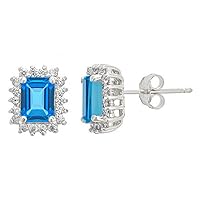 14k White Gold Emerald Cut Blue Topaz & Brilliant Round Diamond Halo Stud Earrings