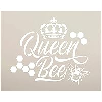 Queen Bee Stencil with Crown & Honeycomb by StudioR12 | DIY Farmhouse Script Home Decor | Cursive Country Word Art | Craft & Paint Wood Signs | Reusable Mylar Template | Select Size (15 x 12 inch)