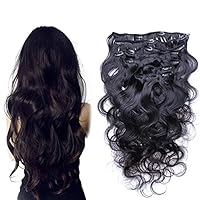 Body Wave Clip in Human Hair Extension Brazilian Remy Clip on Hair Extension Natural Black 10-30inch Long Wavy Full Head 100-150g (30inch 150grams, Natural Black)
