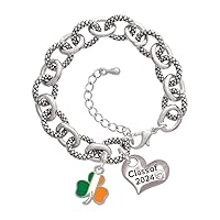 Silvertone Irish Flag Shamrock - Class of 2024 Heart Charm Link Bracelet, 7.25+1.25