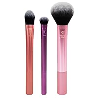 Real Techniques Travel Essentials Makeup Brush Kit, Makeup Brushes, Perfect For On The Go, Multicolored, Vegan Synthetic Makeup Brush Bristles, 4 Piece Set
