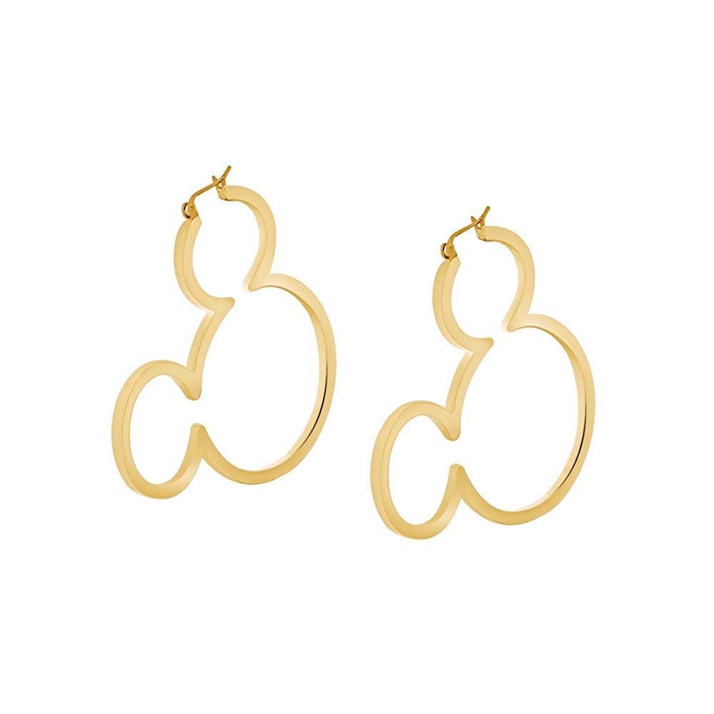 Simple and Classic Women's and Girls Fashion Mickey Mouse Outline Hoop Earrings 14K Yellow Gold Plated .925 Sterling Sliver