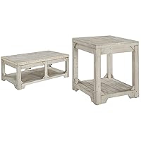 Signature Ashley Farmhouse Lift Top Coffee Table and End Table Set | Whitewash Weathered Finish