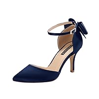 ERIJUNOR Wedding Evening Party Shoes Comfortable Mid Heels Pumps with Bow Knot Ankle Strap Wide Width Satin Shoes