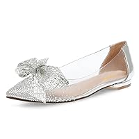 XYD Women Elegant Pointed Toe Rhinestone Flats Mesh Slip On Low Heel Crystal Embellished Wedding Bride Dress Shoes