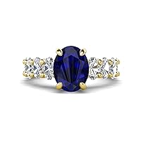5.50 ctw Natural Blue Sapphire Oval Shape (9x7 mm) & Lab Grown Diamond Oval Shape (5x3 mm) Prong set Hidden Halo Engagement Ring in 14K Gold