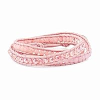 Leather Rose Pink Quartz Crystal Multi Wrap Brass Button Bracelet Jewelry for Women