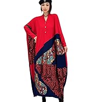 Spring Autumn V-Neck Pullover Dress Loose Mid-Length Printing Color Blocking Bat Sleeve Dress Red Women's
