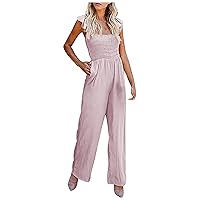 Women's Square Neck Ruffle Smocked Romper Sleeveless Wide Leg Jumpsuit Dressy Casual Pleated Overalls with Pockets