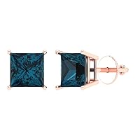 4.1 ct Brilliant Princess Cut Solitaire VVS1 Natural London Blue Topaz Pair of Stud Earrings Solid 18K Rose Gold Screw Back