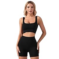 TOEECY 2 Pcs Gym Sets For Women Tracksuit with Padded Sport Bra Full Set Wide Straps Crop Tank High Waist Outfits Workout Yoga Shorts Leggings Gym Clothes Athletic Fitness Sportswear
