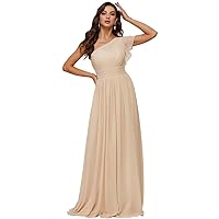 Women's Long Chiffon Bridesmaid Dresses One Shoulder Formal Evening Party Gowns with Pleated