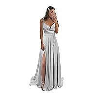 Women's Satin Bridesmaid Dresses with Slit Spaghetti Strap Formal Dress A Line Prom Evening Gown with Pockets IIF030