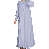 Womens Button Down Muslim Dress Casual Loose Lantern Long Sleeve Arab Kaftan Dress Cotton Linen Dress