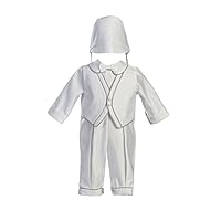 White Satin Christening Baptism Romper Set Accented with Silver Trim and Hat
