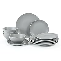 Famiware Moon Dinnerware Sets for 4, 12 Piece Stoneware Plates and Bowls Sets with Speckled Design, Matte Dish Set, Microwave and Dishwasher Safe, Light Grey