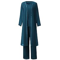Women's Vintage 3 Pieces Mother of The Bride Pant Suits with Long Jacket Plus Size Chiffon Beads Evening Dress
