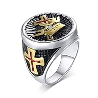 Mens Antique Punk Stainless Steel Ring Knight Crown Cross Religious Gothic Signet Templar Rings for Fathers Day