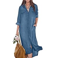 Women's Cotton Shirt Dress Button Down Front Casual Lapel Loose Fit Solid Long Slit Dresses with Pockets