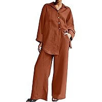 SNKSDGM Summer Linen Set for Women 2 Piece Long Sleeve Tops + Wide Leg Pant Set Vacation Set Lounge Sets Tracksuit