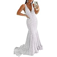 Sparkly Sequin Prom Dresses Long Deep V-Neck Sexy Mermaid Formal Cocktail Dresses for Women Backless