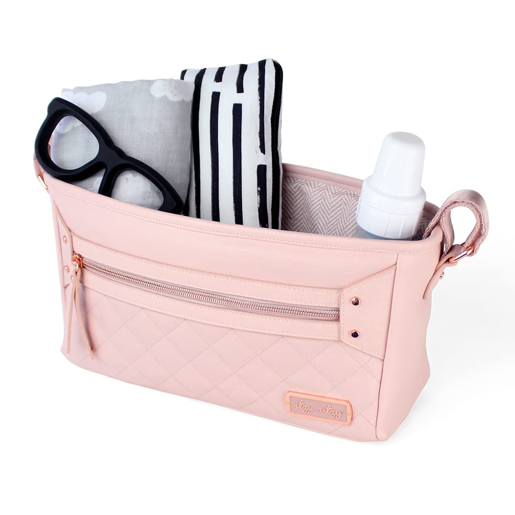 Itzy Ritzy Adjustable Stroller Caddy – Stroller Organizer Featuring Two Built-in Pockets, Front Zippered Pocket and Adjustable Straps to Fit Nearly Any Stroller, Blush