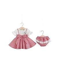 Clothes Kids Baby Girl Outfit Short Sleeve Dress Suspender Design Bowknot Checks A-Line Design Dress and Shorts Sets 6M-24M