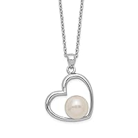 925 Sterling Silver Rhod Plat 7 8mm White Button Freshwater Cultured Pearl Love Heart Necklace 17 Inch Jewelry Gifts for Women