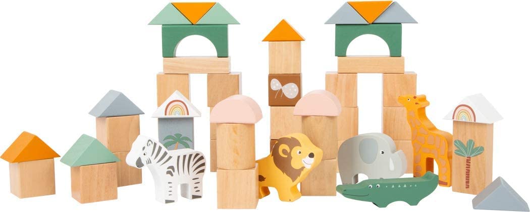 Small Foot- 50 Wooden Building Block Safari Playset- Stacking Toys for Boys and Girls Ages 12+ Months-Montessori-Perfect for Birthdays and Holidays