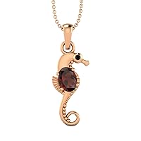 Seahorse Fish Pendant! 7X5mm Oval Shape Garnet and 2mm Round Black Spinel 925 Sterling Silver 18