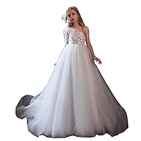 Girl's One Shoulder Sequins Princess Flower Girl Dresses Tulle First Communion Dress White