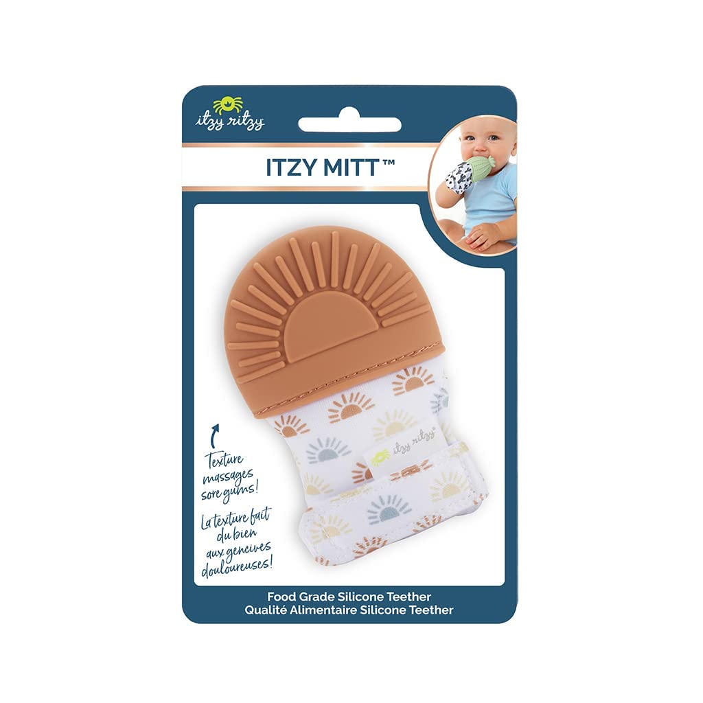 Itzy Ritzy Silicone Teething Mitt – Soothing Infant Teething Mitten with Adjustable Strap, Crinkle Sound and Textured Silicone to Soothe Sore and Swollen Gums, Terracotta Sun