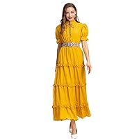 Women Maxi Evening Dress Yellow Solid Floral Patchwork Long Midi Dress with Belt