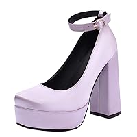 Womens Fashion 12CM Super High Heels Square Toe Maid Single Shoes Concise Chunky Heels Ankle Strap Buckle Platform Mary Jane Shoes OL Pumps M985-7 Size US5-US13