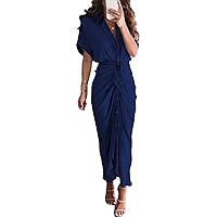 HUUSA Women's Elegant Satin Shirt Maxi Dress Short Sleeve Deep V Neck Button Down Ruched Long Dress with Belt