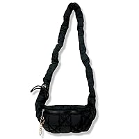 Quilted Puffer Fanny Pack with Cute Cat Keychain, Puffy Lightweight Crossbody Sling Waist Bag, Soft Padding Nylon Shoulder Chest Purse for Women (Black)