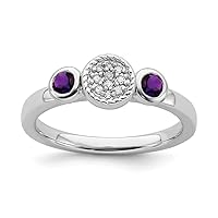 925 Sterling Silver Bezel Polished Prong set Db Round Amethyst and Dia. Ring Jewelry for Women - Ring Size Options: 10 5 6 7 9