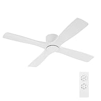 WINGBO 54 Inch Flush Mount DC Ceiling Fan without Lights, 4 Reversible Carved Wood Blades, 6-Speed Noiseless DC Motor, Huger Ceiling Fan No Lights in Gloss White with White Blades