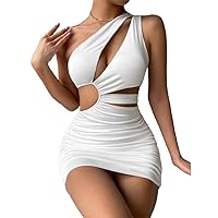 SHESEEWORLD Women's Sexy Sleeveless One Shoulder Cutout Ruched Slim Fit Summer Bodycon Club Mini Dress