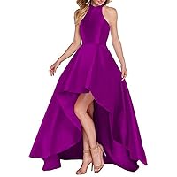 Women's High Neck Long Prom Dress Satin Backless Evening Party Dress Purple