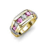 Round Pink Sapphire and Diamond 1 ctw 7 Stone Channel Set Men Wedding Ring 14K Gold