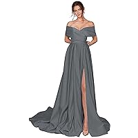 Women's Off Shoulder Satin Prom Dresses A-line Formal Evening Ball Gowns with Split Dark Grey